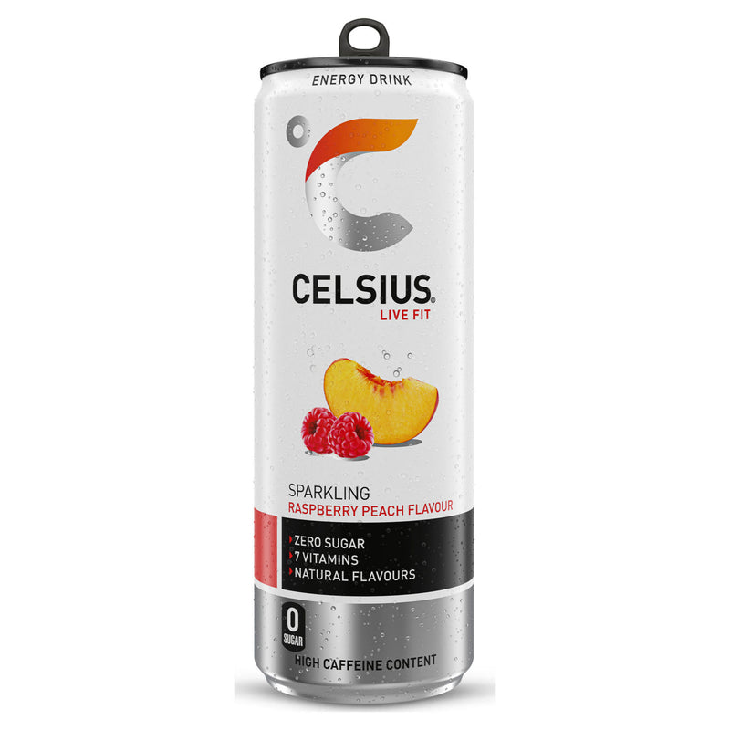 Celsius energy drink Sparkling Raspberry Peach 355ml, imported from the UK