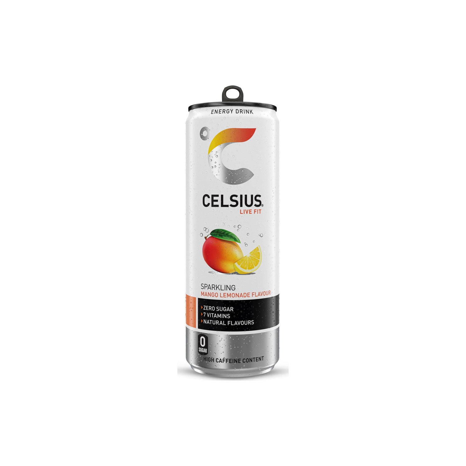 Celsius energy drink Sparkling Mango Lemonade 355ml, imported from the UK