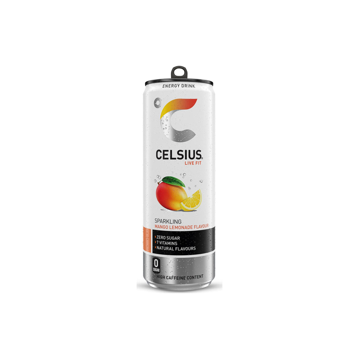 Celsius energy drink Sparkling Mango Lemonade 355ml, imported from the UK