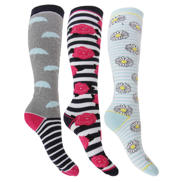 Womens Hyperwarm Long Welly Socks (3 Pairs) (4-7 39-42 EU) GOODS Superdrug Rose/Daisy/Umbrella  