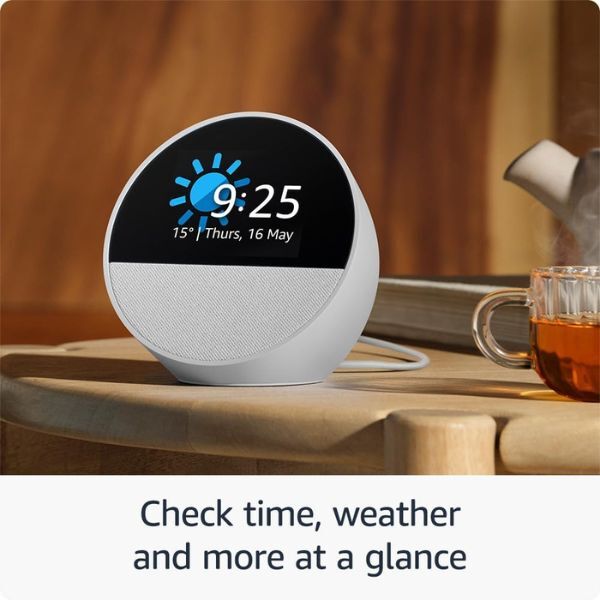 Amazon Echo Spot 2024 white smart alarm clock - British product