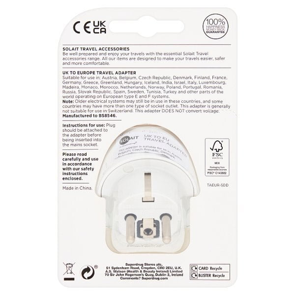 Solait UK to EU Travel Adaptor Single Pack