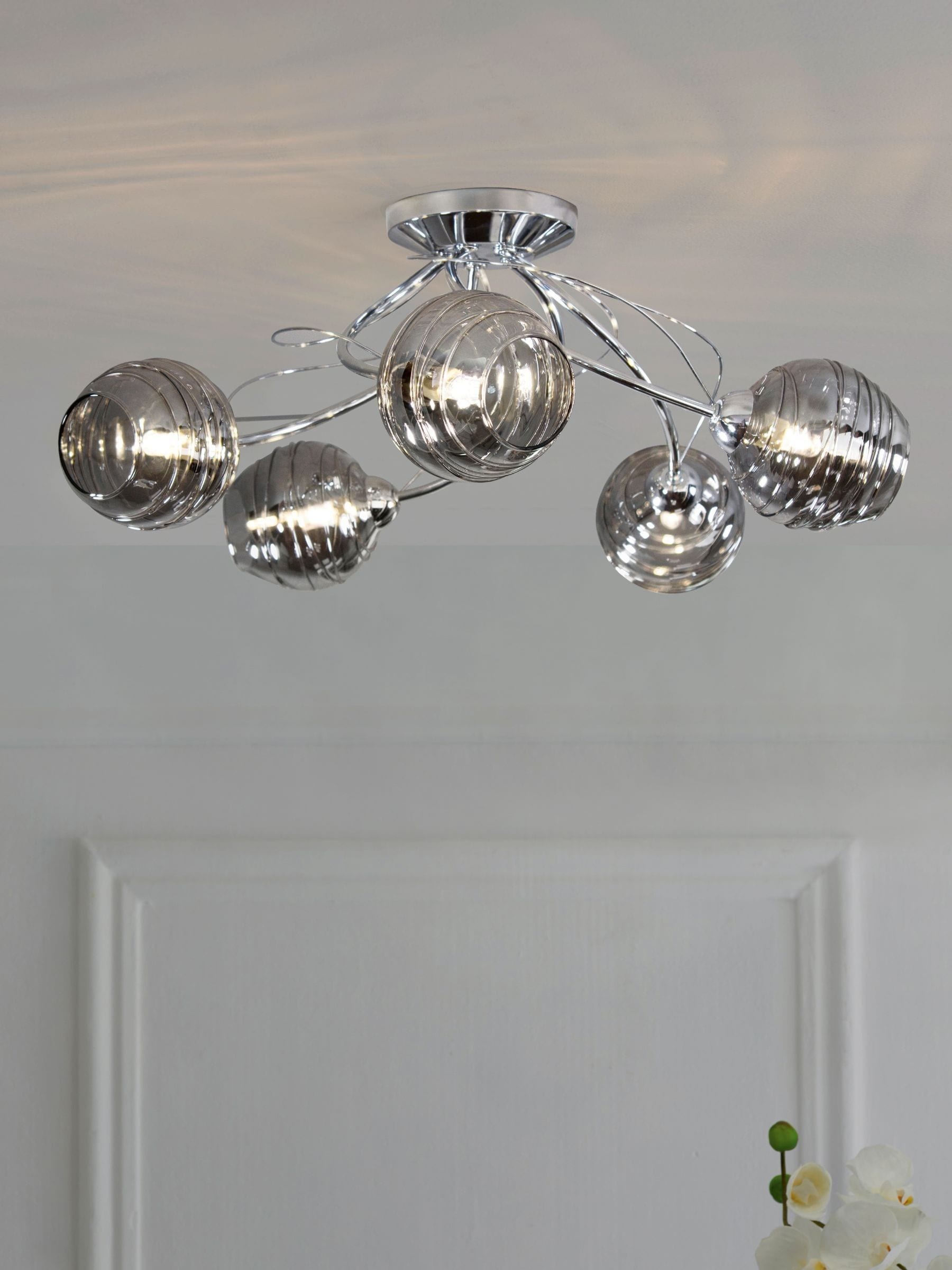 Smoke Grey Drizzle ceiling light with chrome finish and smoke glass shades, UK version