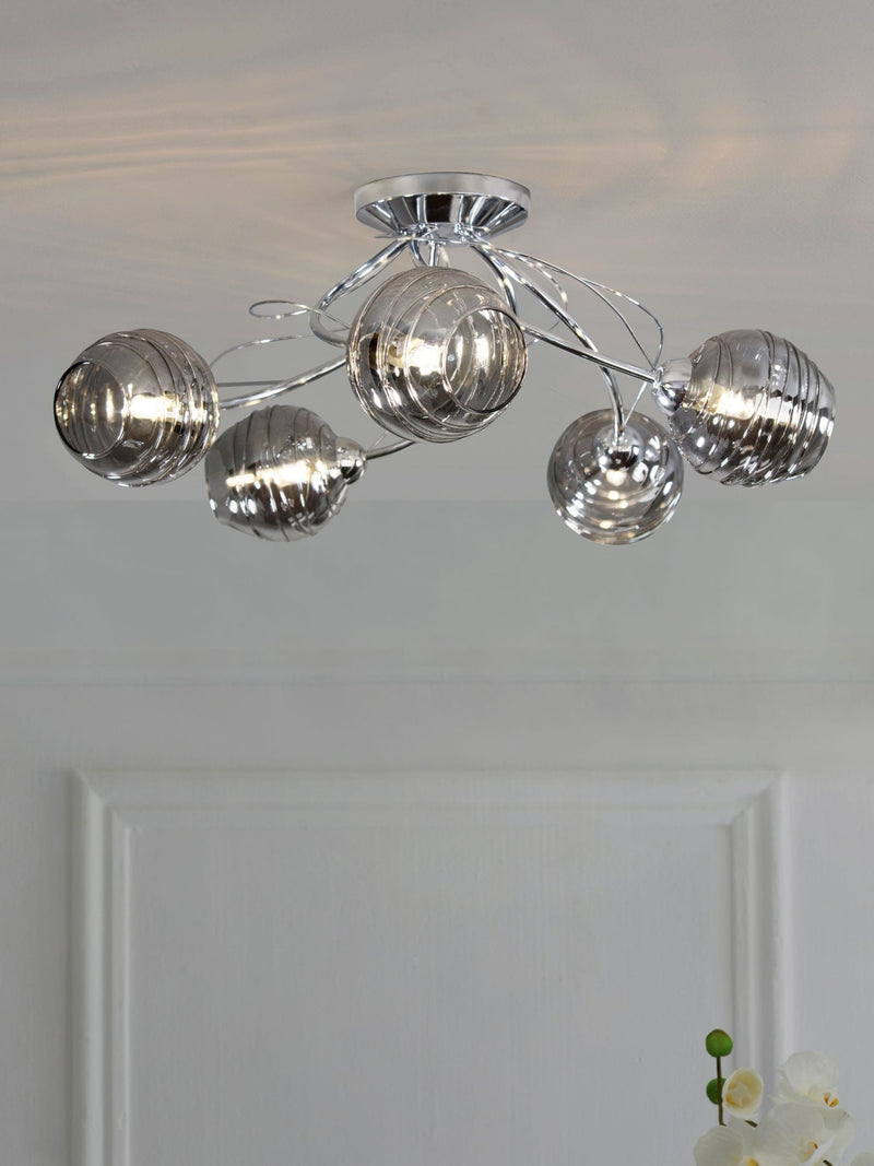 Smoke Grey Drizzle ceiling light with chrome finish and smoke glass shades, UK version