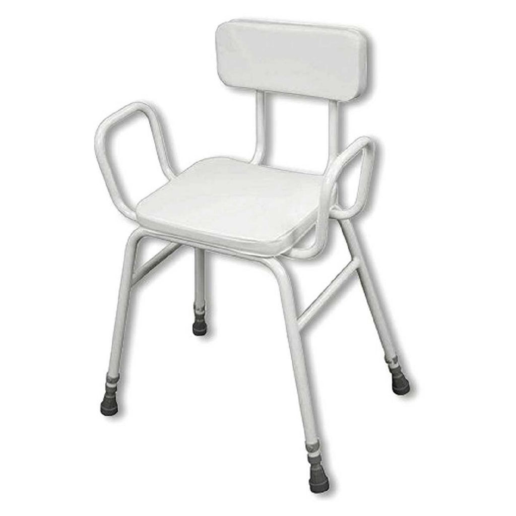 NRS Healthcare Malvern Vinyl Seat Height Adjustable Perching Stool with Arms and Padded Back White