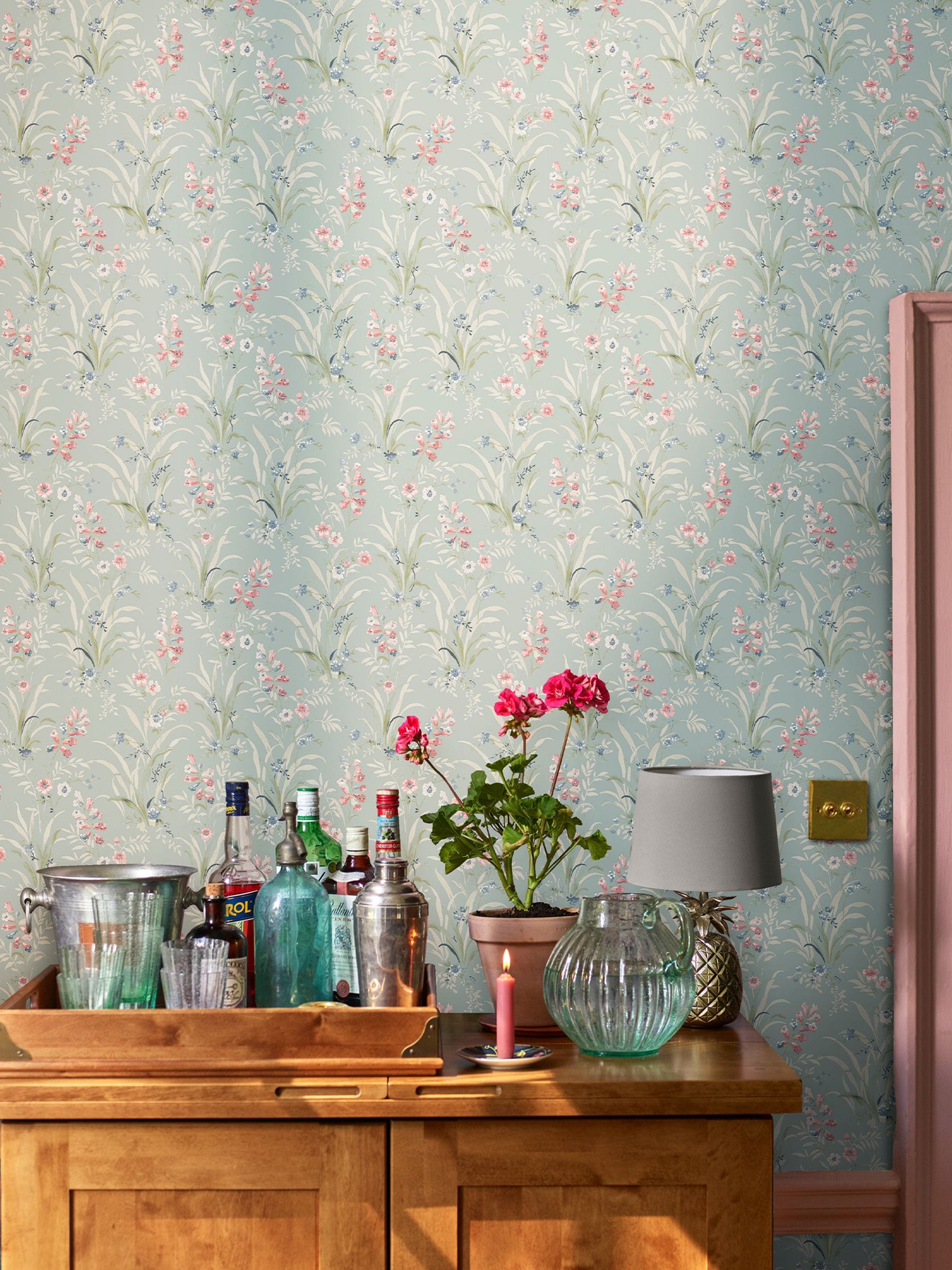 Laura Ashley Mosedale Posy wallpaper sample A4 dark duck egg blue, UK version