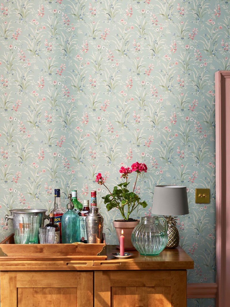 Laura Ashley Mosedale Posy wallpaper sample A4 dark duck egg blue, UK version