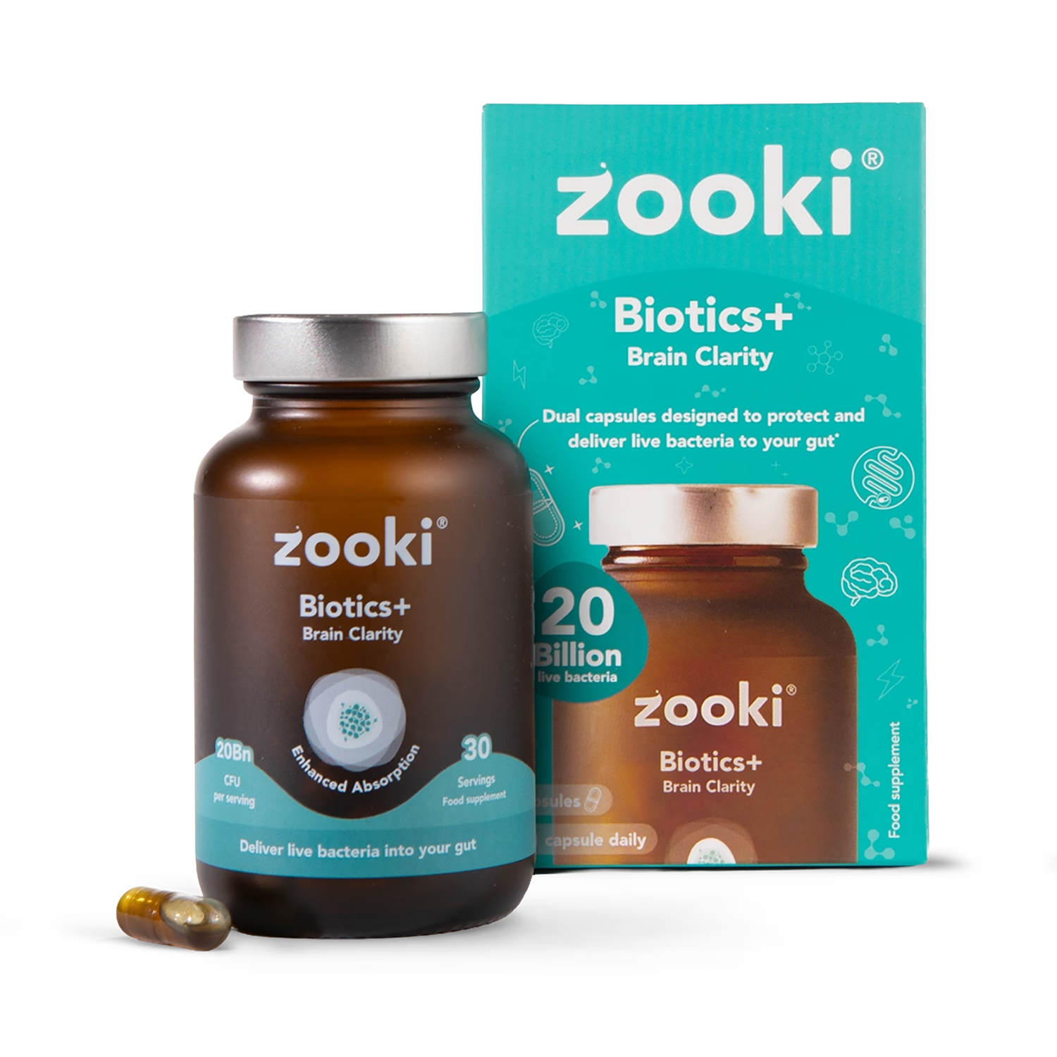 Zooki Biotics+ Brain Clarity probiotic supplement 30 capsules, imported from the UK