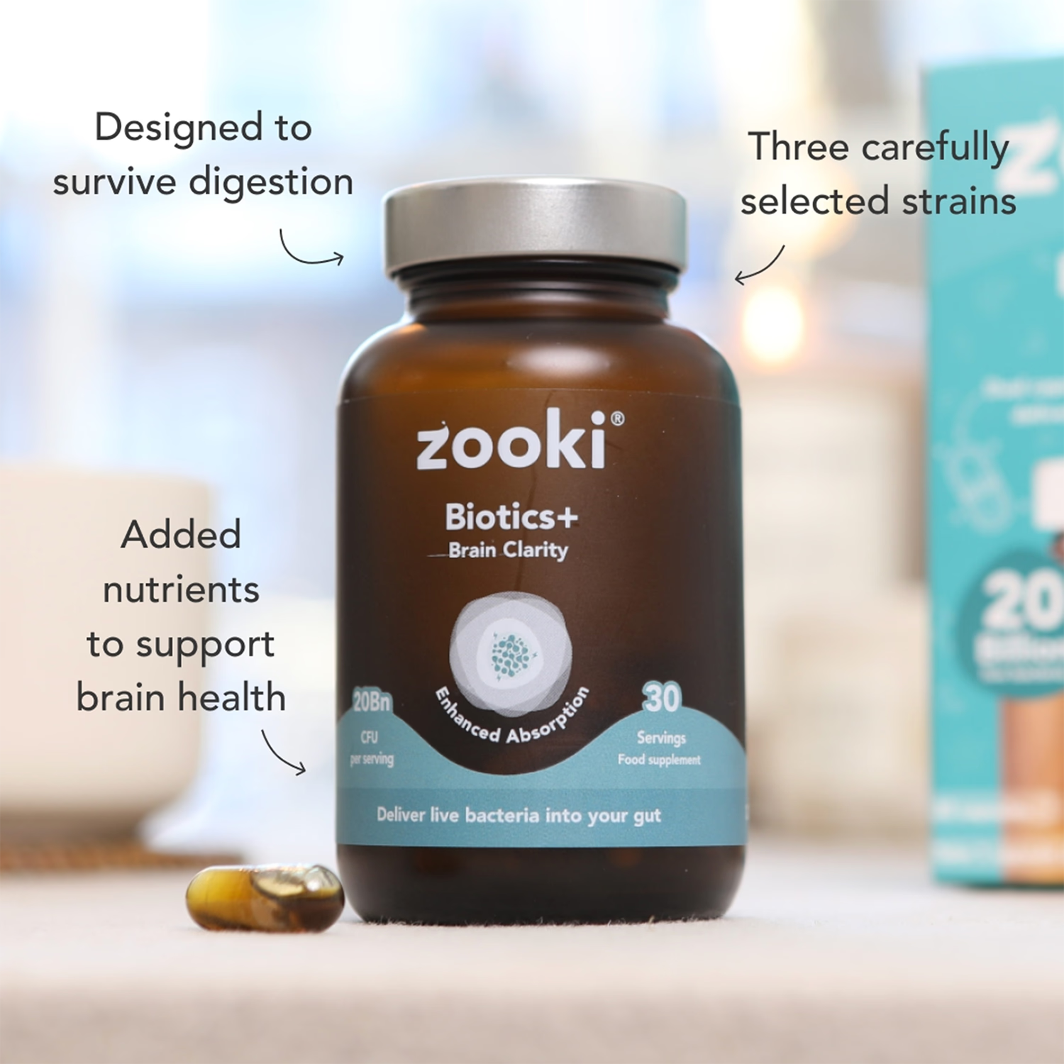 Zooki Biotics+ Brain Clarity probiotic supplement 30 capsules, imported from the UK