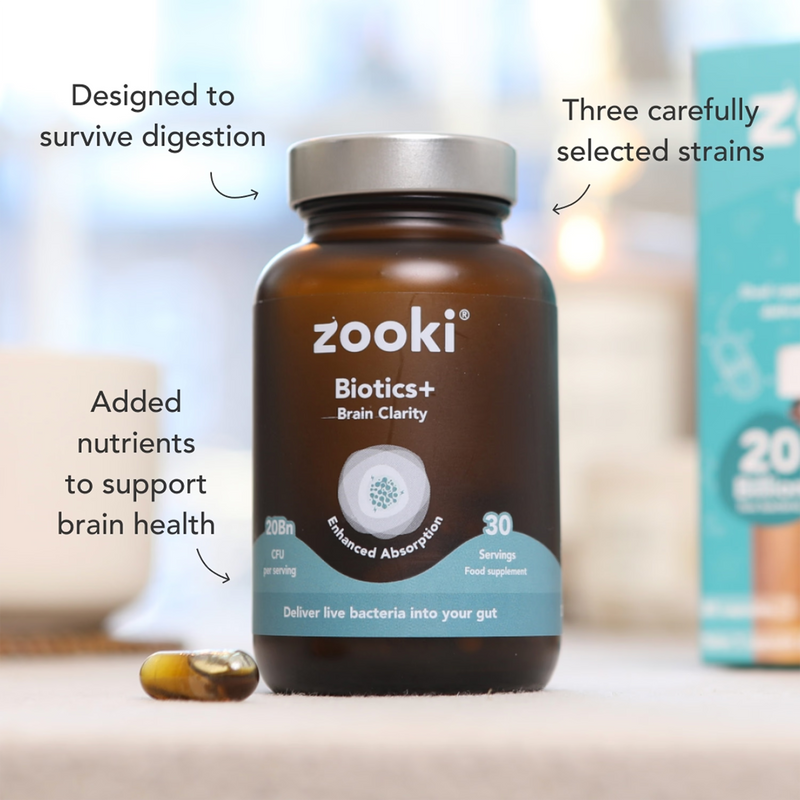 Zooki Biotics+ Brain Clarity probiotic supplement 30 capsules, imported from the UK