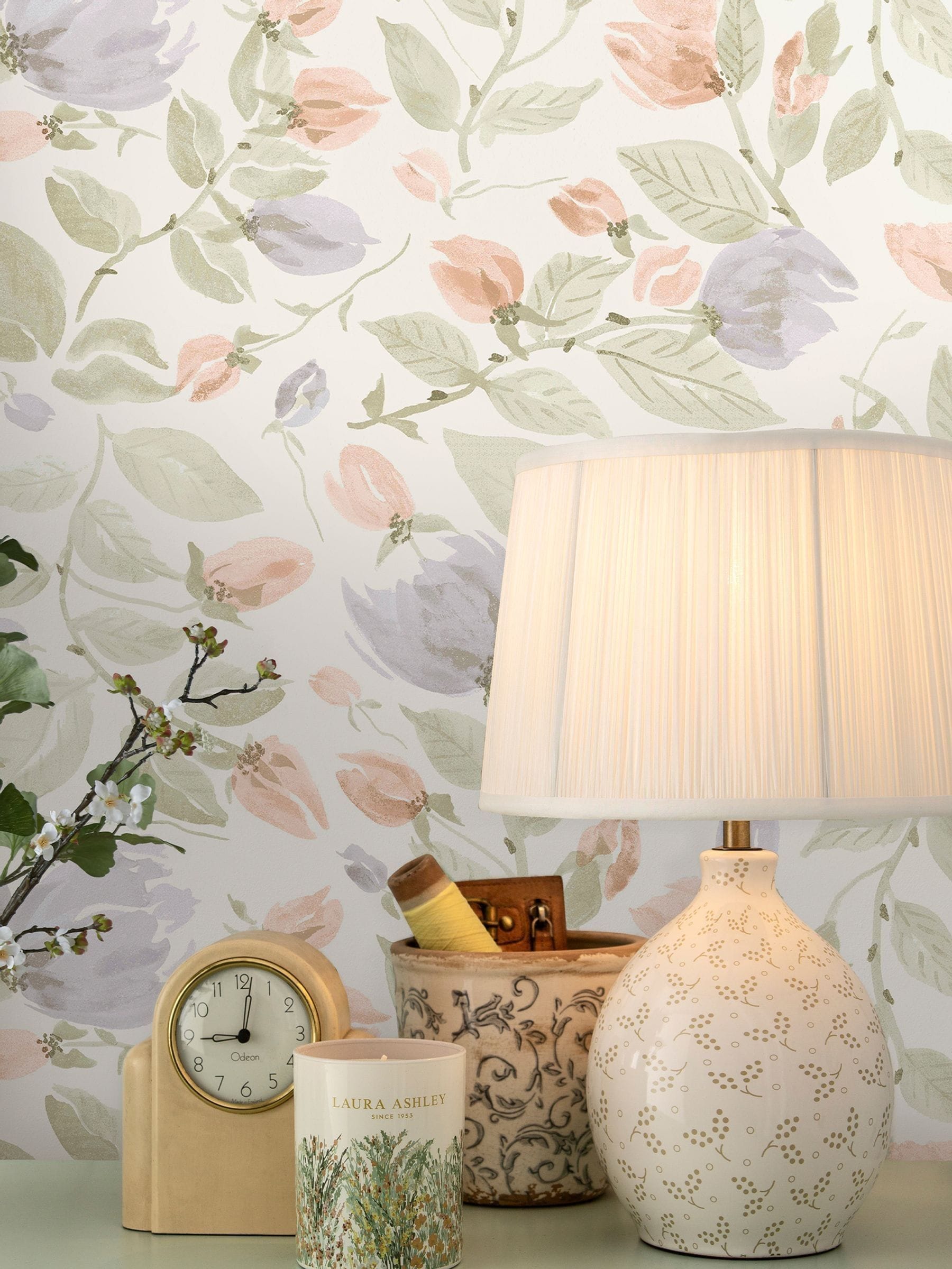 Laura Ashley Orisia Peony pale A4 wallpaper sample sage green, UK version