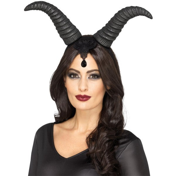 Smiffys Demonic Queen Horns on headband with black lace - British product