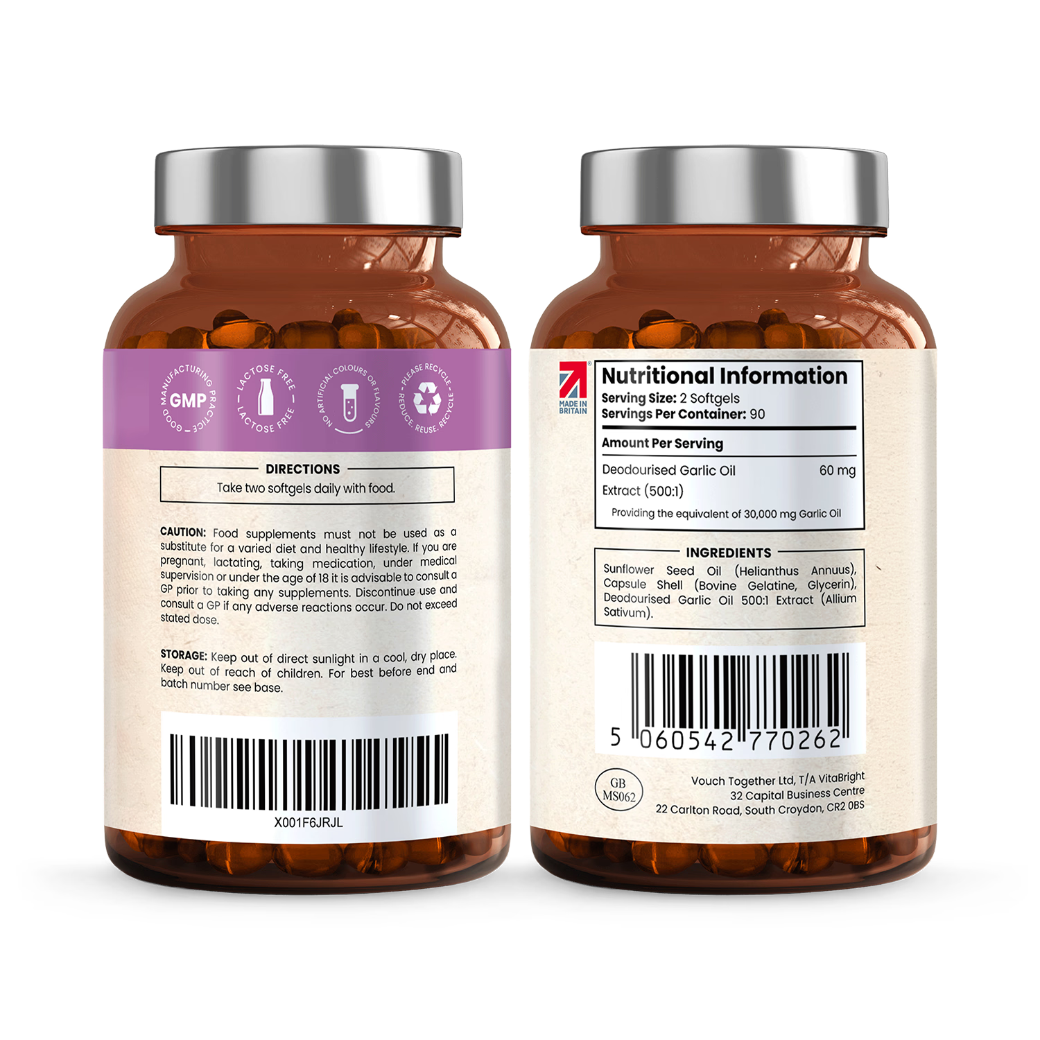 VitaBright odourless garlic softgels 180 count (British brand)