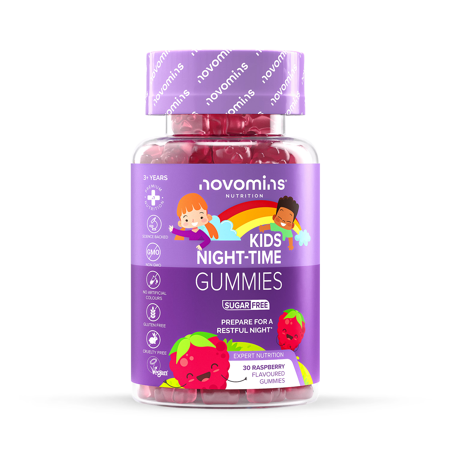 Novomins Night-Time Raspberry Gummies 30 Pack, imported from the UK