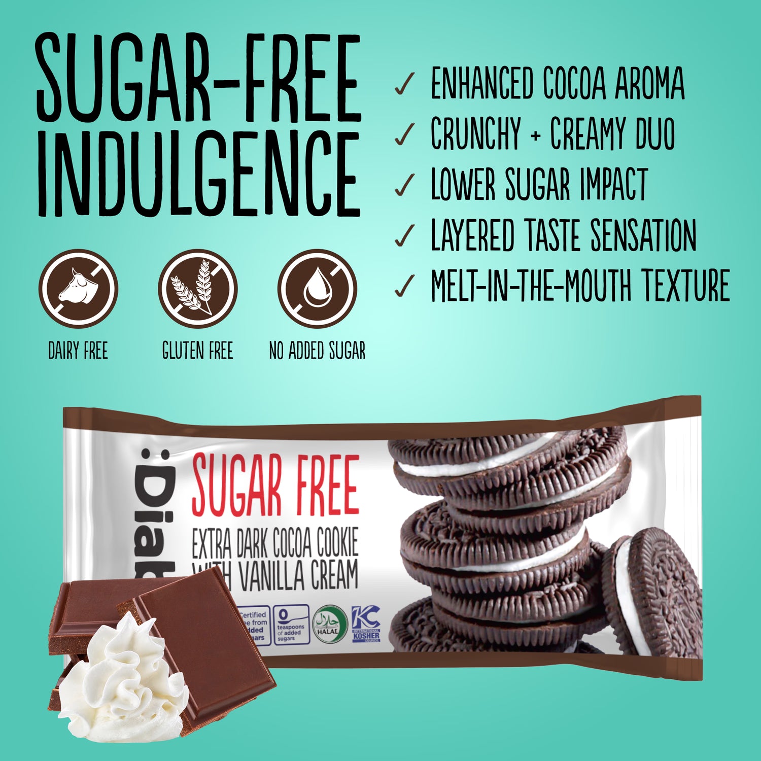 Diablo sugar-free extra dark cocoa vanilla cream cookies, imported from the UK