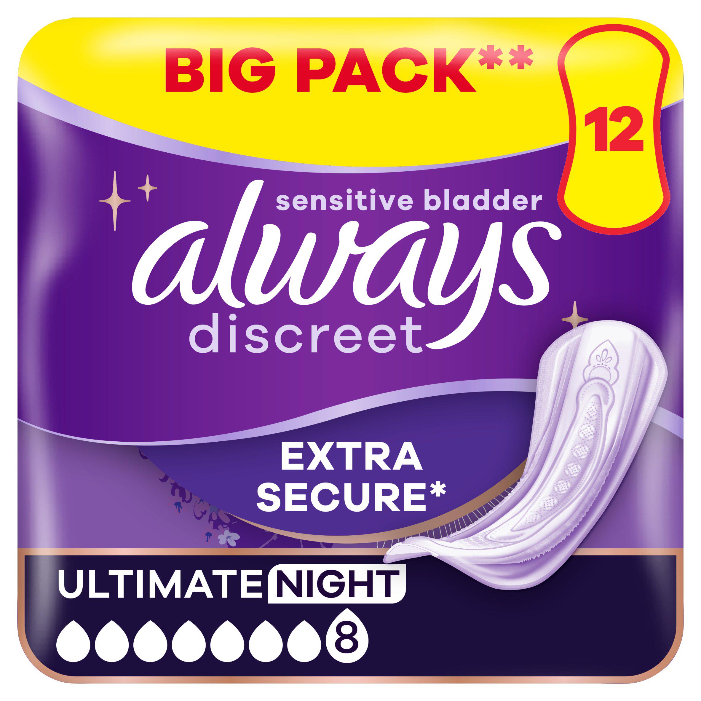 Always Discreet Incontinence Plus Womens Ultimate Night Pads x12 GOODS Sainsburys   