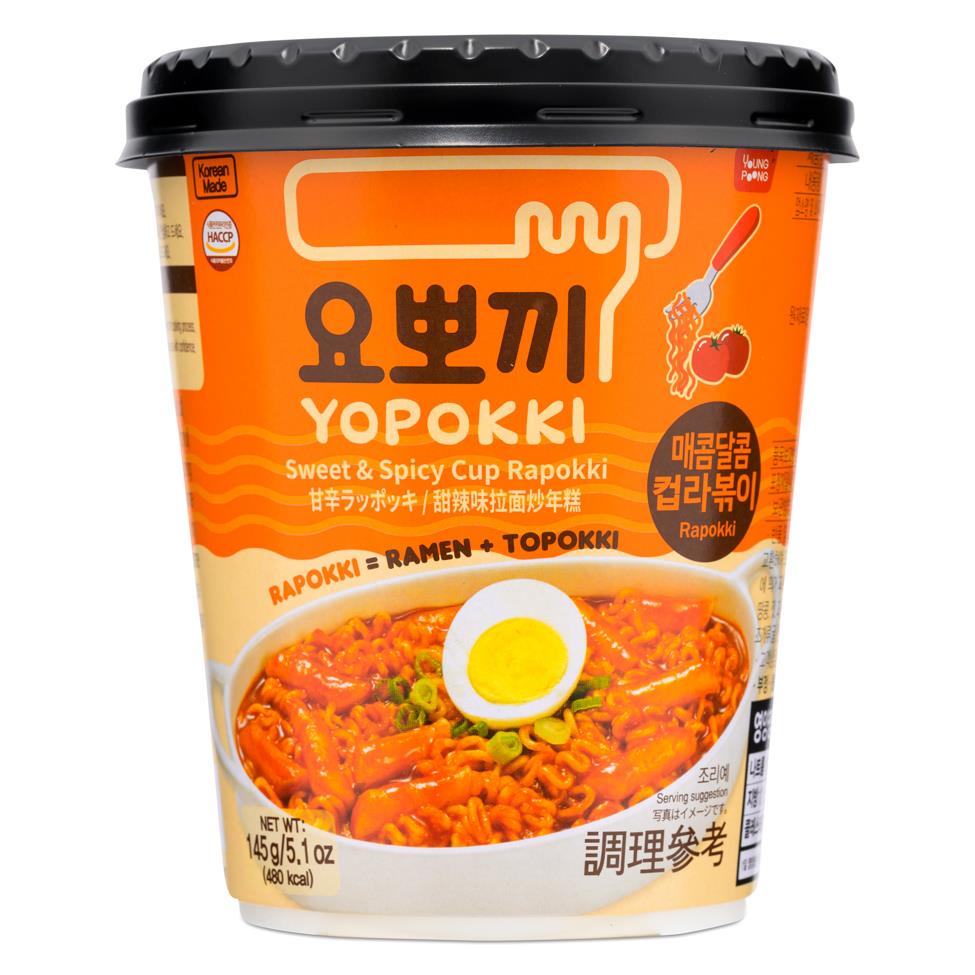 Yopokki sweet and spicy rapokki cup rice cake ramen (British brand)