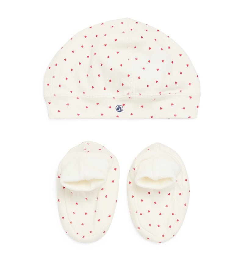 Petit Bateau heart print hat and booties cotton set - British product