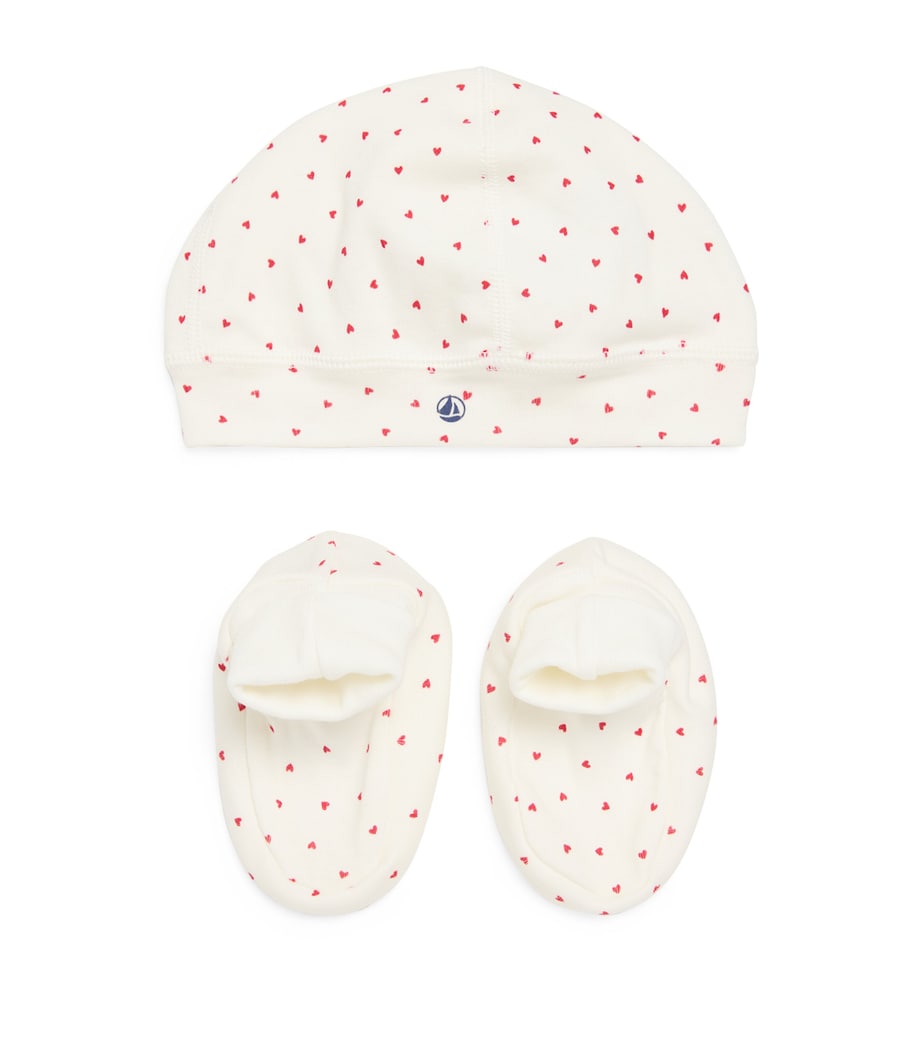 Petit Bateau heart print hat and booties cotton set - British product
