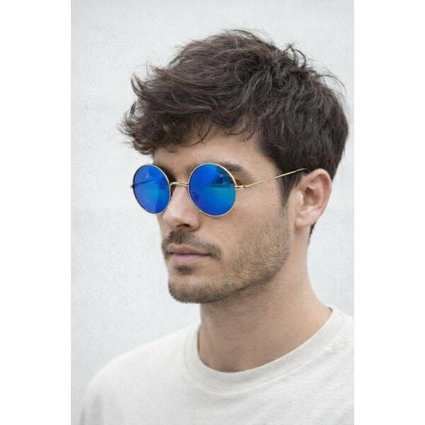 SVNX round metal sunglasses in shiny silver with blue mirror lenses (British brand)