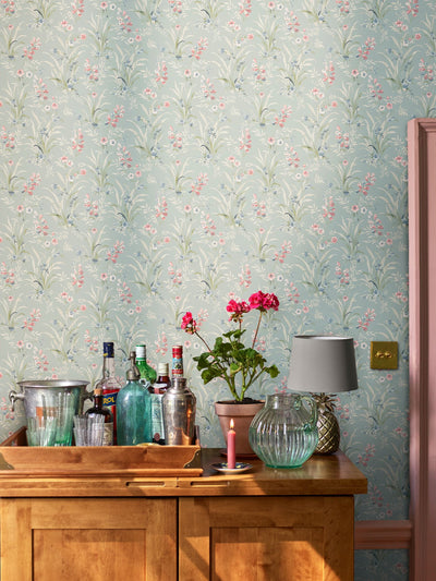 Next Laura Ashley Dark Duck Egg Blue Mosedale Posy Wallpaper - 10m x 52cm- Buy online at McGrocer