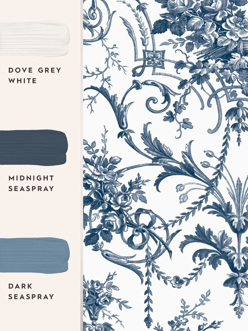 Laura Ashley Tuileries wallpaper in Midnight Blue, imported from the UK