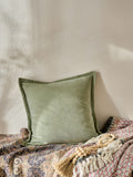 French Connection sage green washed velvet cushion, imported from the UK