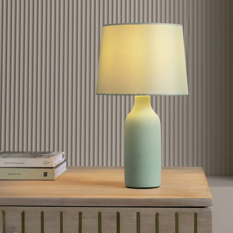 Argos Home sage green ceramic table lamp with fabric shade, imported from the UK