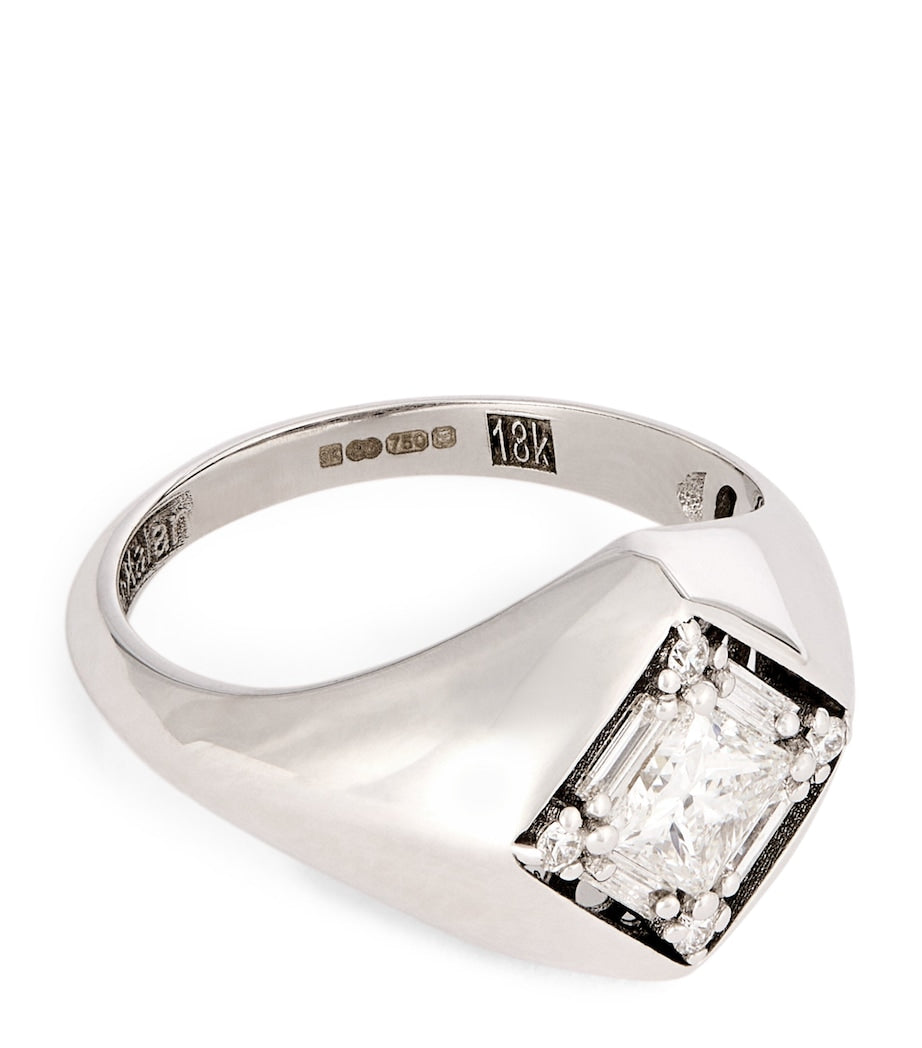 Suzanne Kalan white gold diamond princess signet ring size 4, imported from the UK