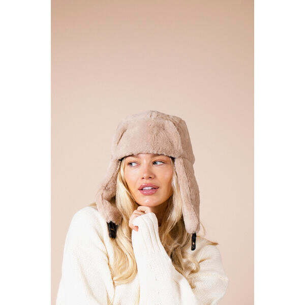 SVNX plush trapper hat in beige, imported from the UK