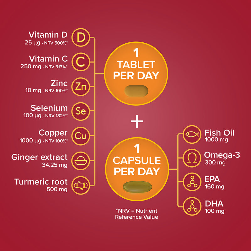 Seven Seas Omega-3 & Immunity supplement 30 tablets and 30 capsules, UK version