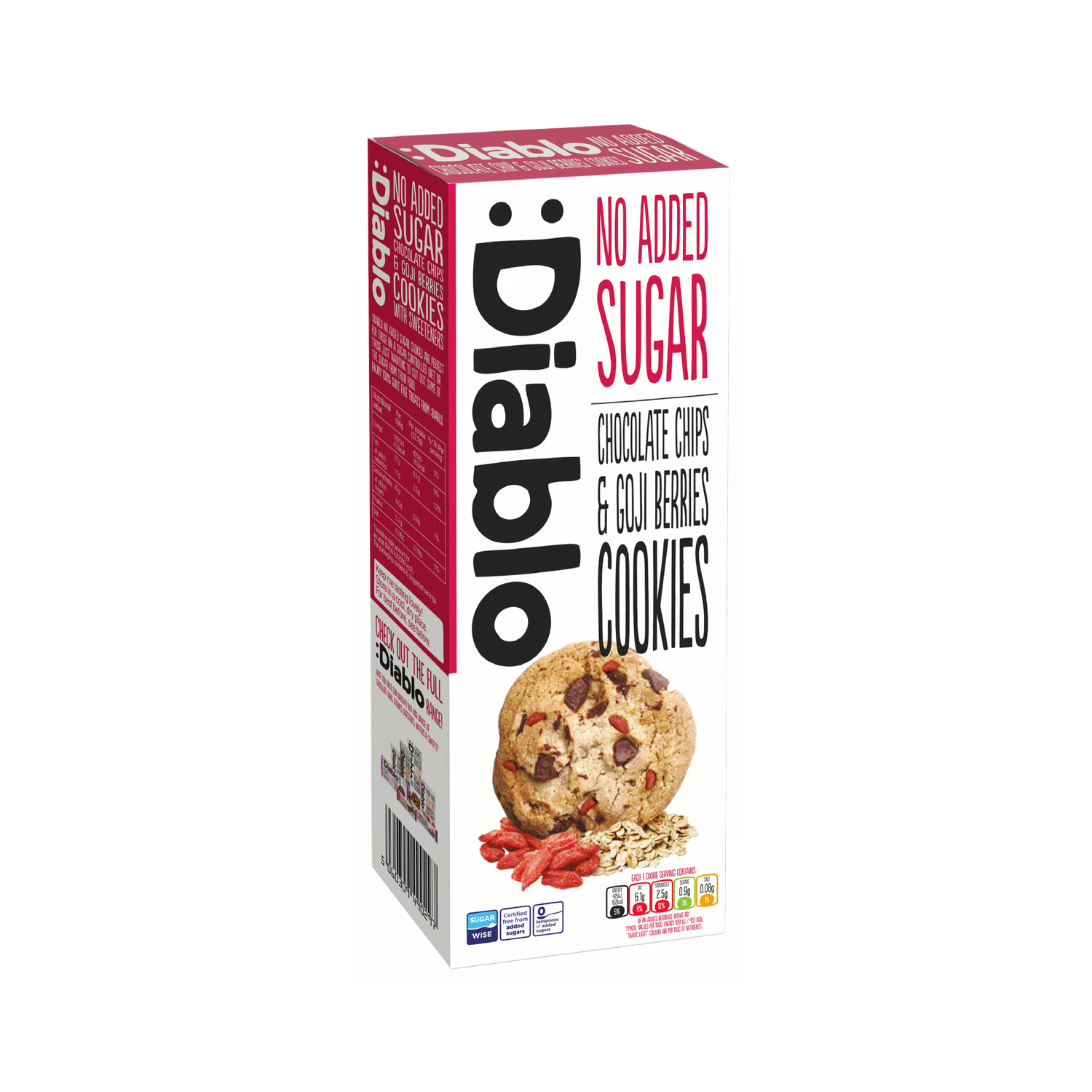 Diablo no added sugar chocolate chip goji berry cookies 135g, imported from the UK