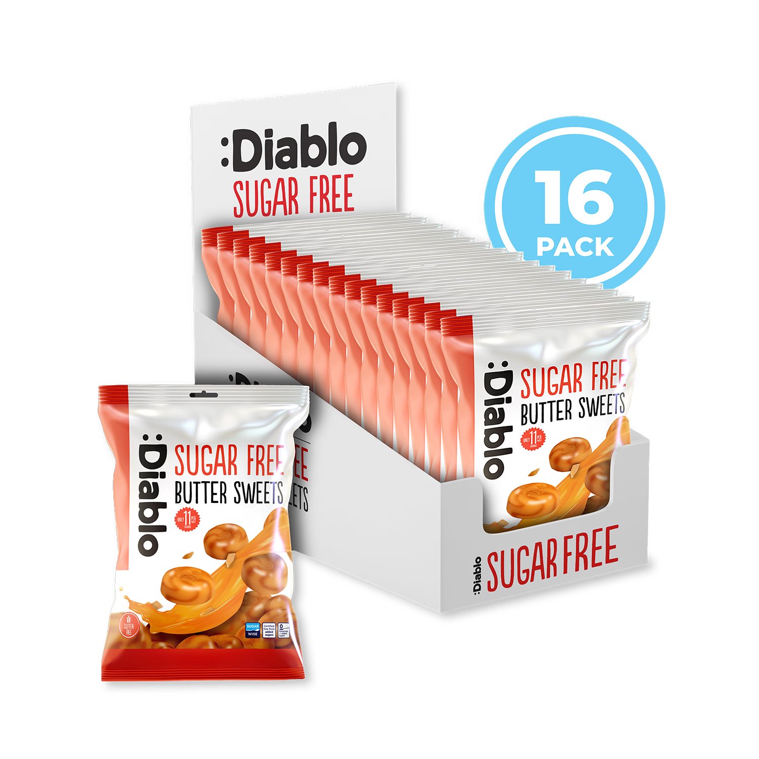 Diablo sugar free butter sweets 75g pack of 16, UK version