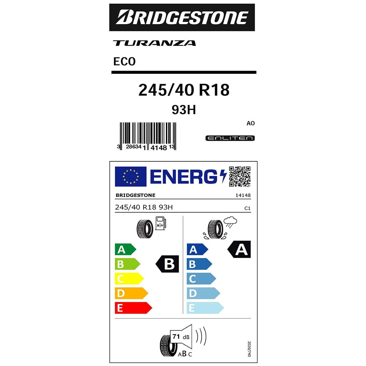 Bridgestone Turanza ECO summer car tyre 245/40 R18, imported from the UK
