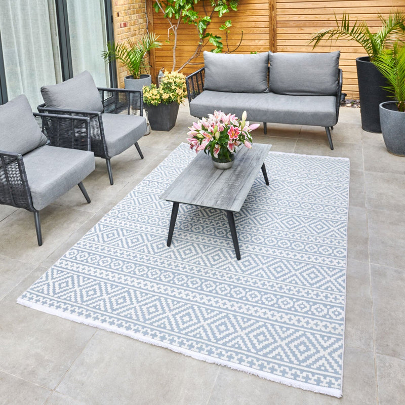 Concept Looms blue indoor outdoor rug in two sizes, imported from the UK