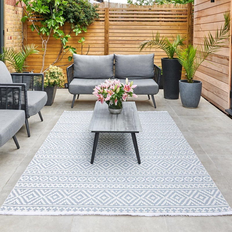 Concept Looms blue indoor outdoor rug in two sizes, imported from the UK