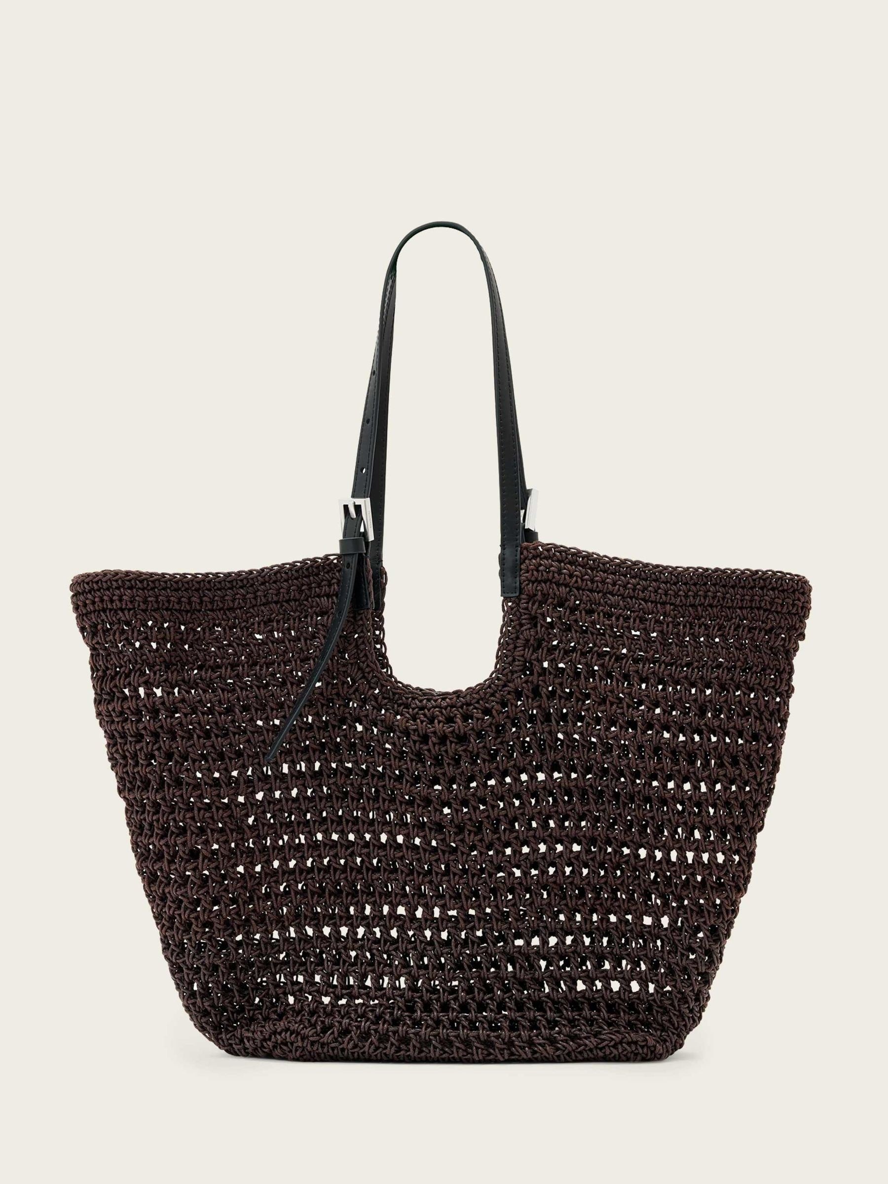 AllSaints Dark Brown Ara cotton knit tote bag, imported from the UK