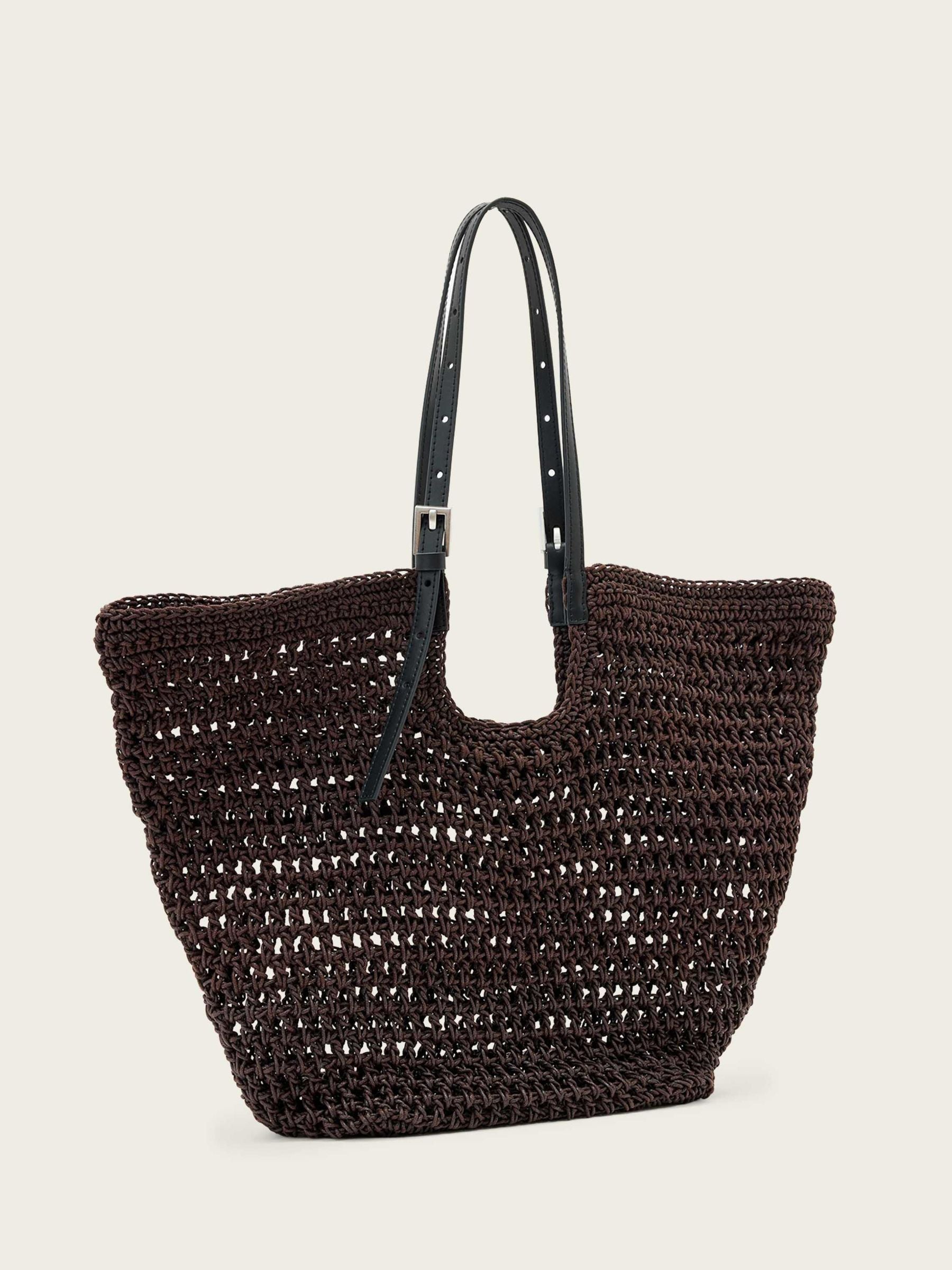 AllSaints Dark Brown Ara cotton knit tote bag, imported from the UK