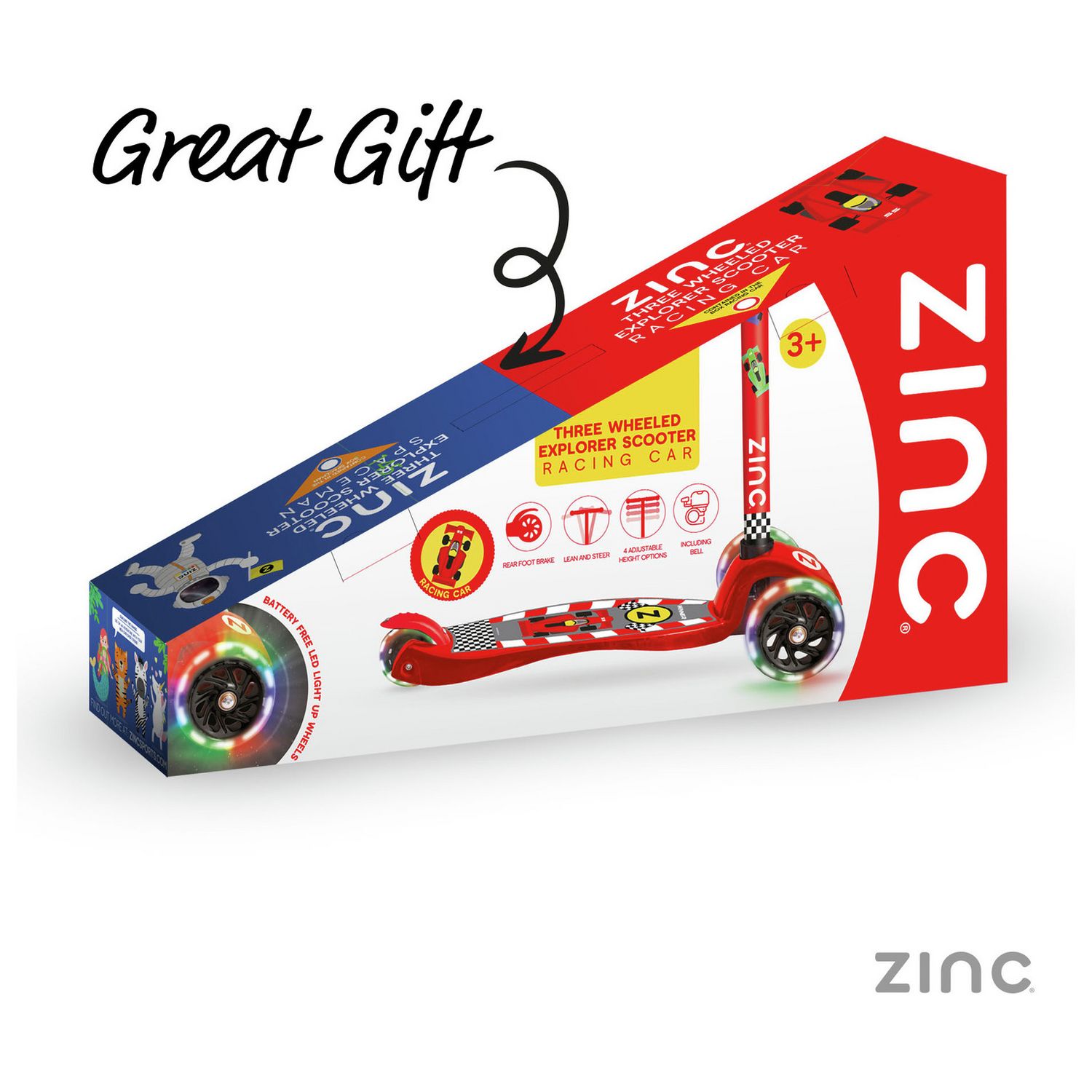 Zinc Light Up Racecar scooter red - British product