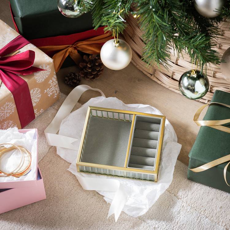 Habitat ribbed glass jewellery box with golden frame, UK version