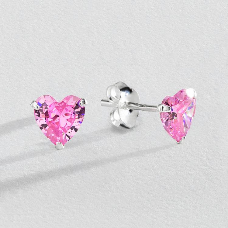 Revere sterling silver heart stud earrings with pink cubic zirconia - British product