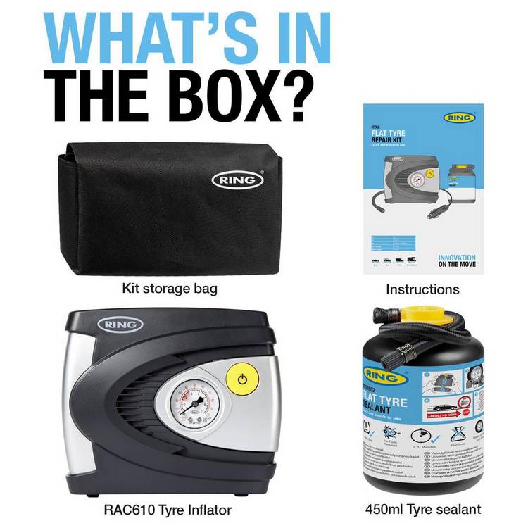 Ring Automotive car tyre repair kit with air compressor - British product
