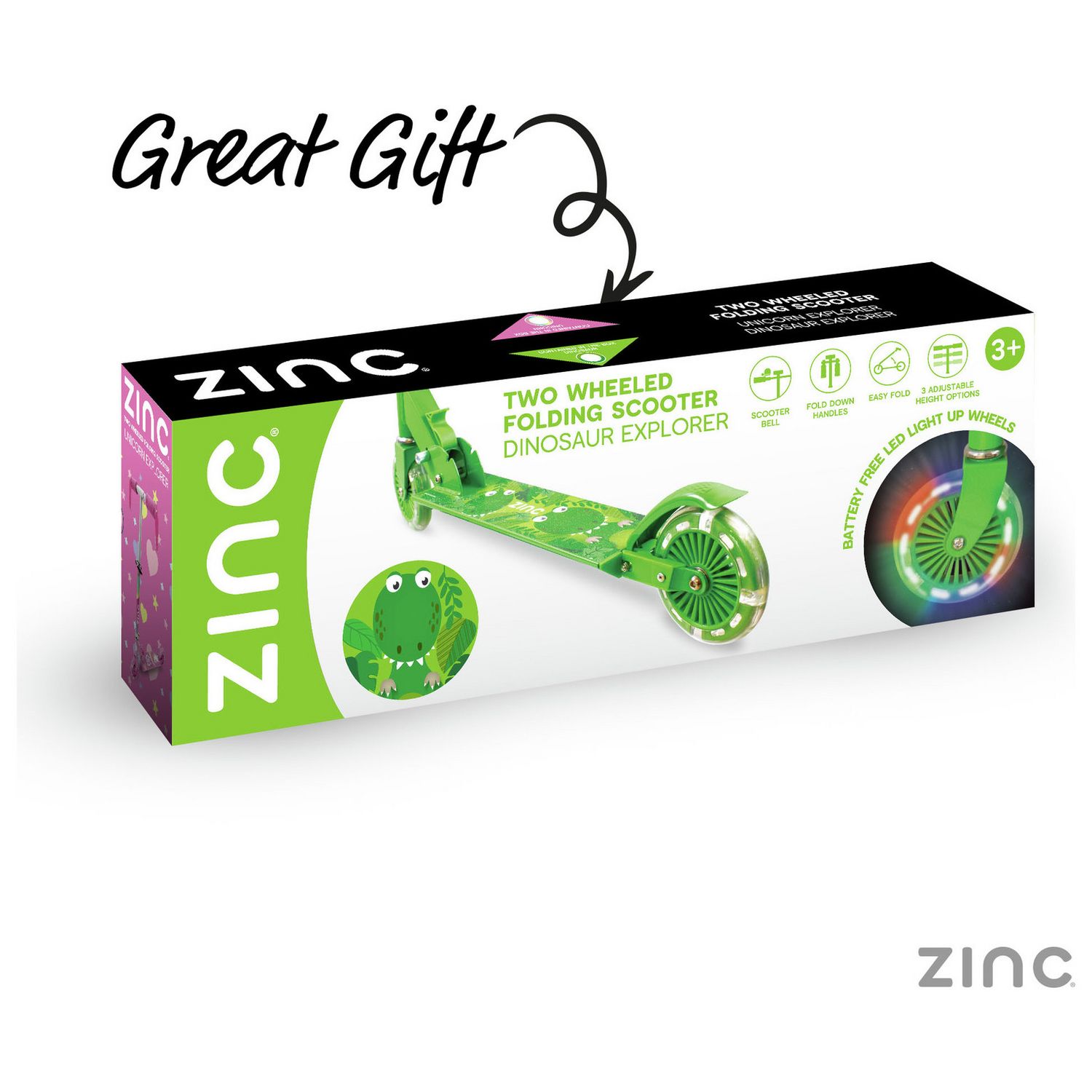 Zinc Dino foldable scooter with light-up wheels - British product