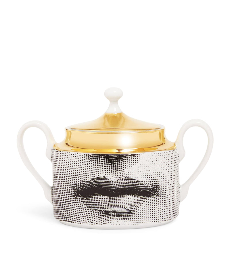 Fornasetti porcelain sugar bowl with gold-tone accents, 11cm - British product