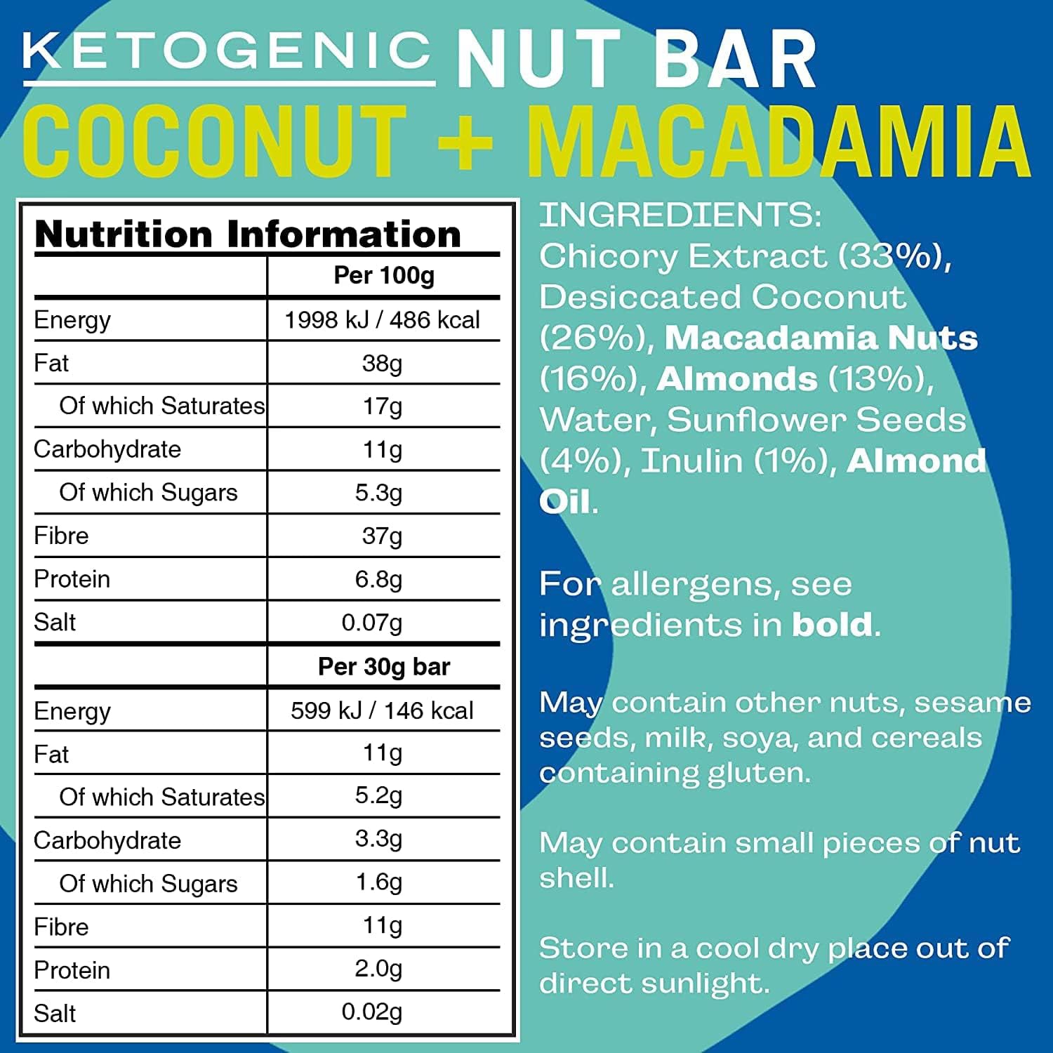 Coconut and macadamia nut bar 20 x 30g, UK version