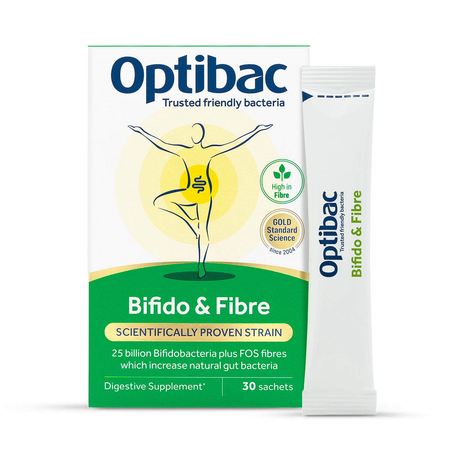 Optibac Bifido & Fibre 30 sachets probiotic supplement, imported from the UK
