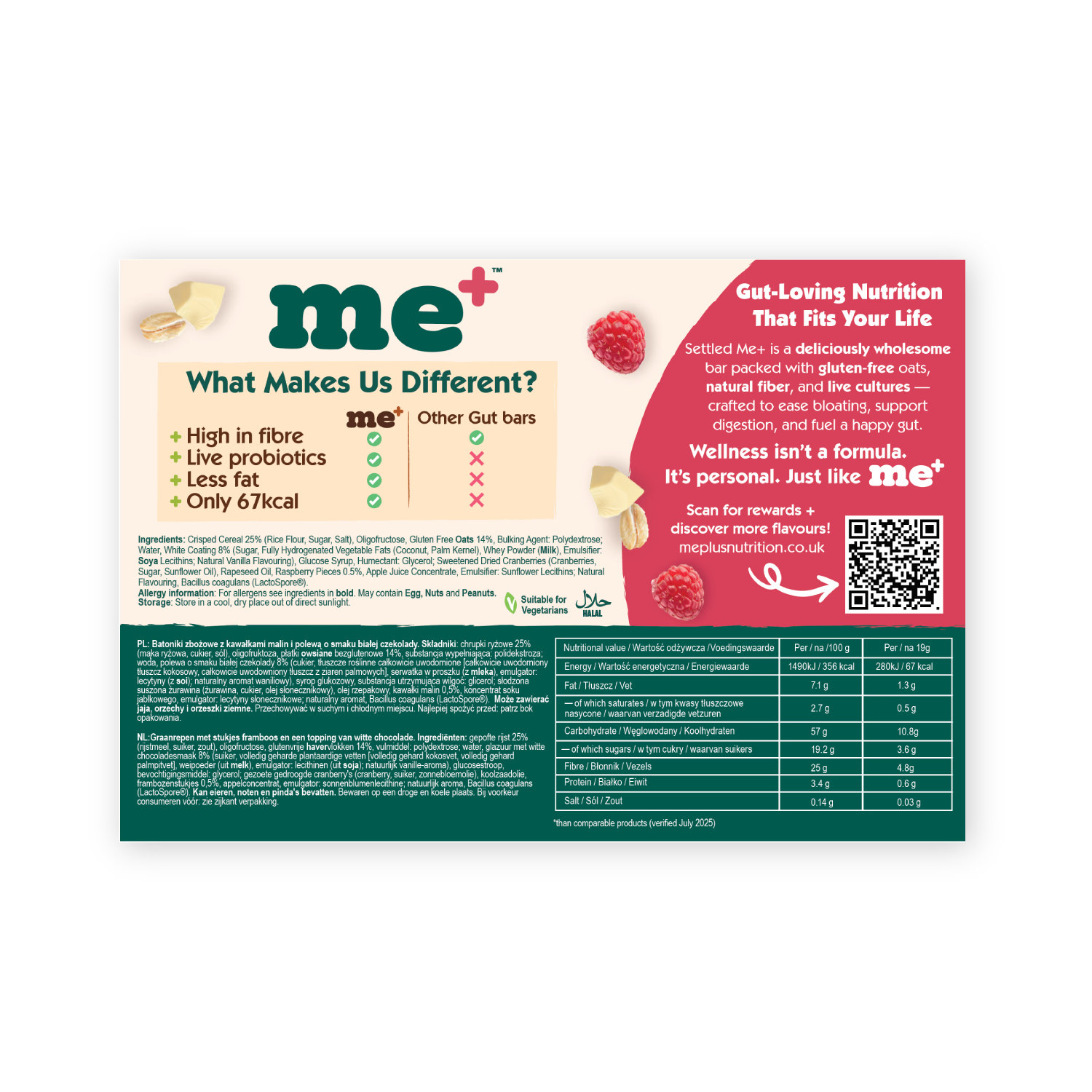 Settled Me+ white choc raspberry oat bars 5x19g UK version