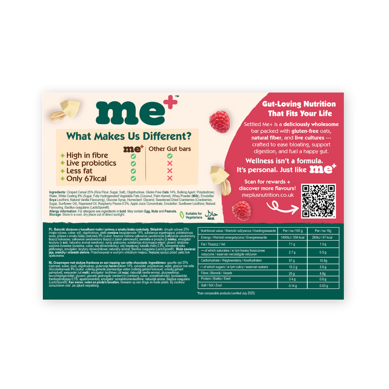 Settled Me+ white choc raspberry oat bars 5x19g UK version
