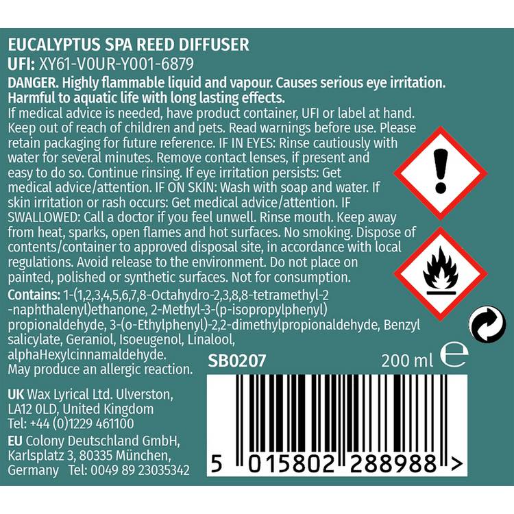 Wax Lyrical reed diffuser Eucalyptus Spa 200ml (British brand)