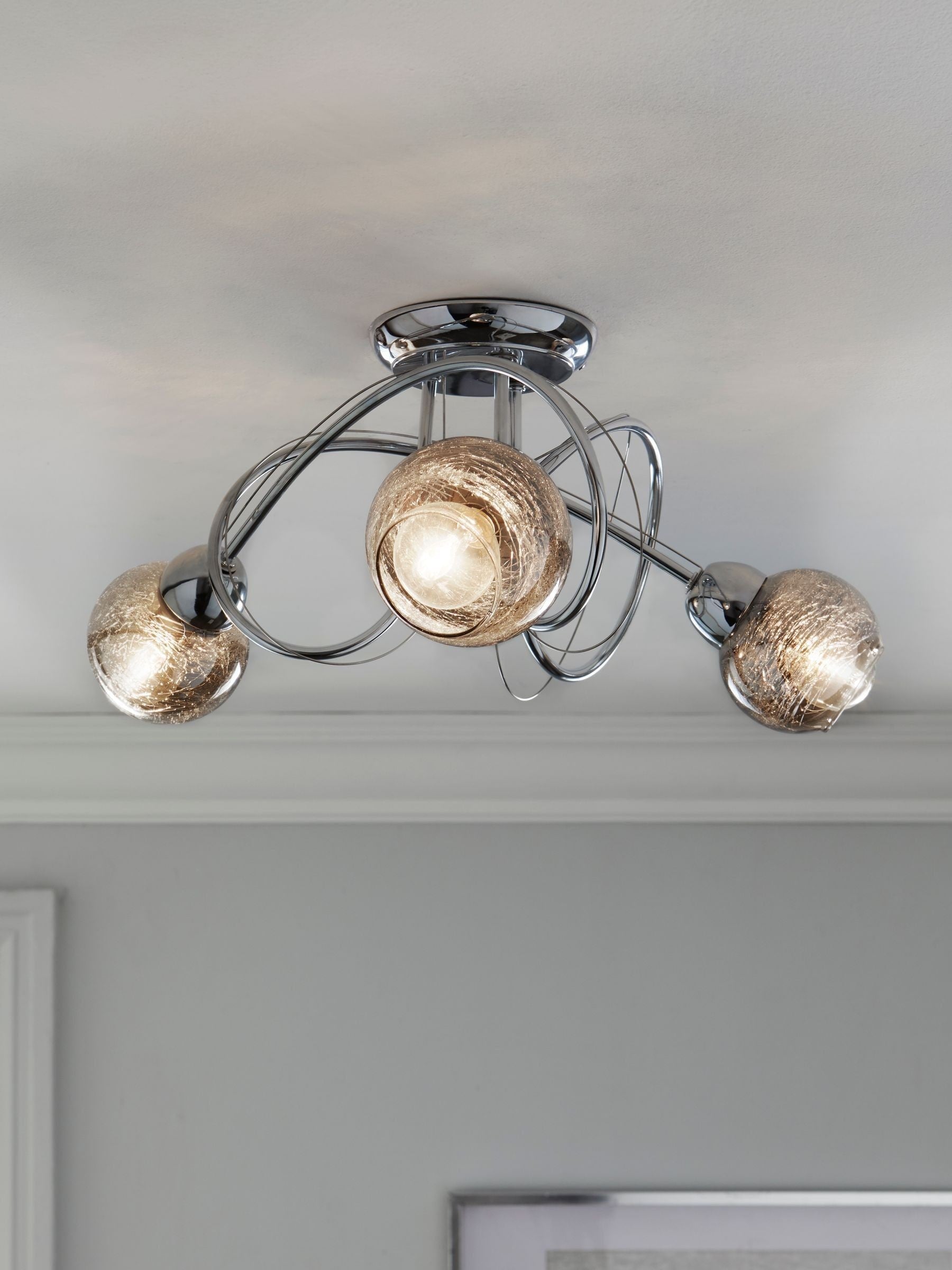 Ceiling light fitting Chrome Lana 3 light smoke glass shades, imported from the UK